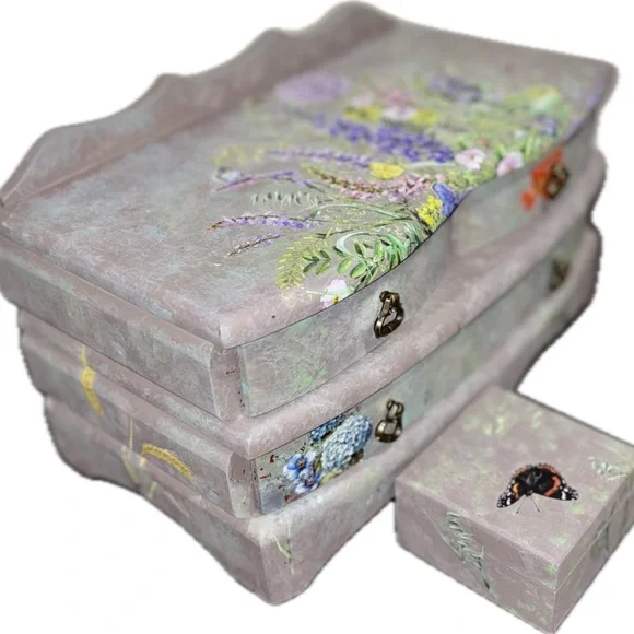Faux Stone Finish Floral Jewelry Box with Bonus Trinket Box